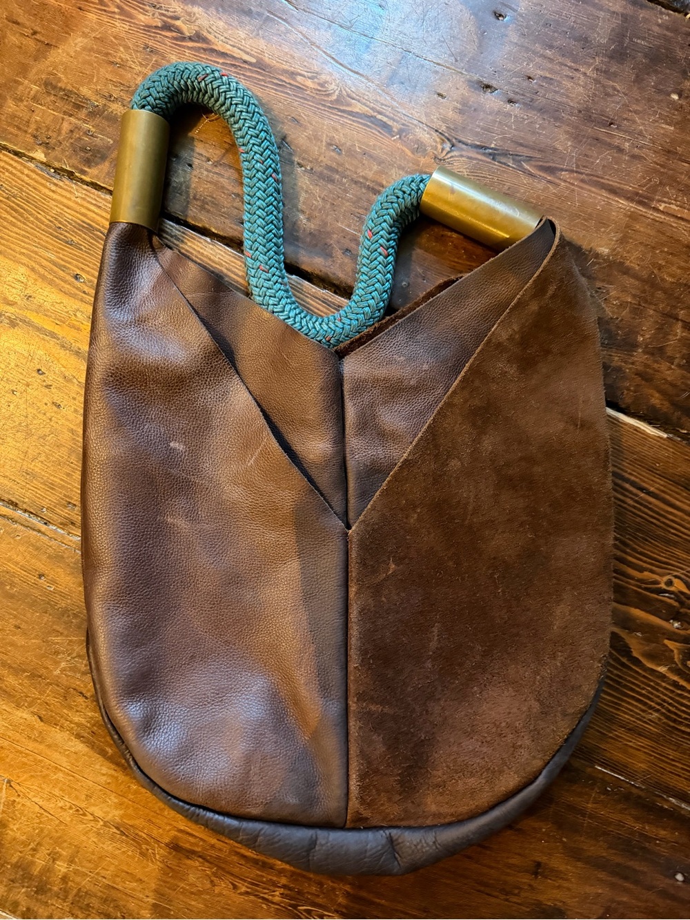 WILDWOOD OYSTER CO Brown Leather and Suede Shoulder Bag Seaside Teal Dock Rope - Picture 7 of 11